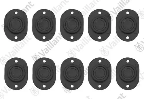Zehn schwarze Membranen von Vaillant mit zentralem Erhebungsdämpfer in ovaler Form, ausgestattet mit zwei Befestigungslöchern.
